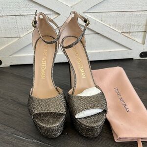 Stuart Weitzman Gold Glitter Heels with Ankle Strap